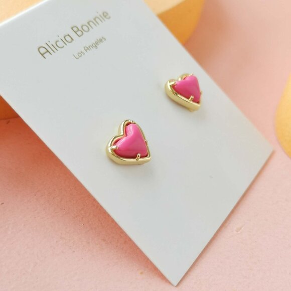Alicia Bonnie - in Love Magenta Pink Magnesite Gold Heart Stud Earrings - NEW - Picture 2 of 3